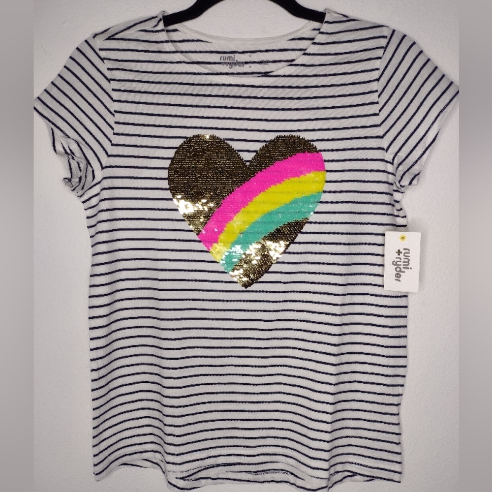 NWT Rumi + Ryder Girl's Black/White Striped/Sequin Heart Top Size L(12-1…